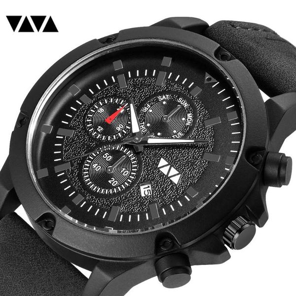 

wristwatches vava voom sport mens watches luxury quartz wristwatch men black leather strap calendar clock relogio masculino drop 2021, Slivery;brown