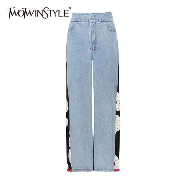

loose print hit color wide leg jeans for women high waist straight casual denim pants female fashion clothing 210521, Blue