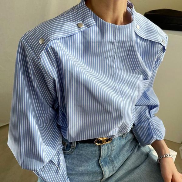 

women's blouses & shirts zcsmll blue korea chic spring stand collar metal button decoration stitching loose lantern sleeve striped shi, White