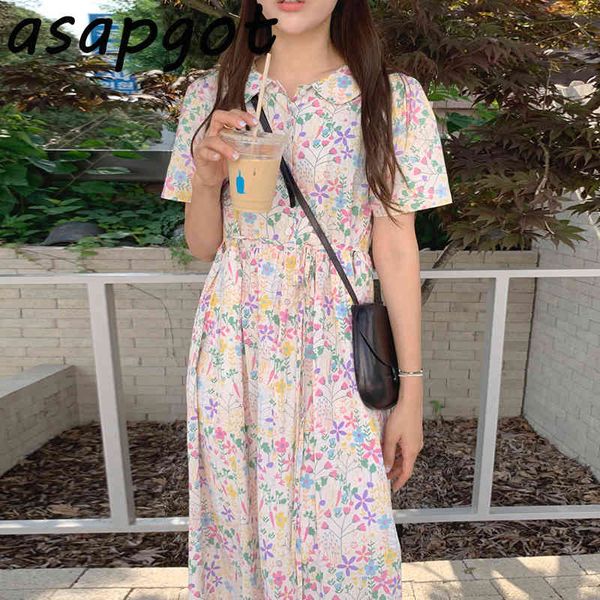 

korean summer fresh sweet girls short sleeve peter pan collar floral dress women lace up waist loose prairie chic vestidos maxi 210429, Black;gray