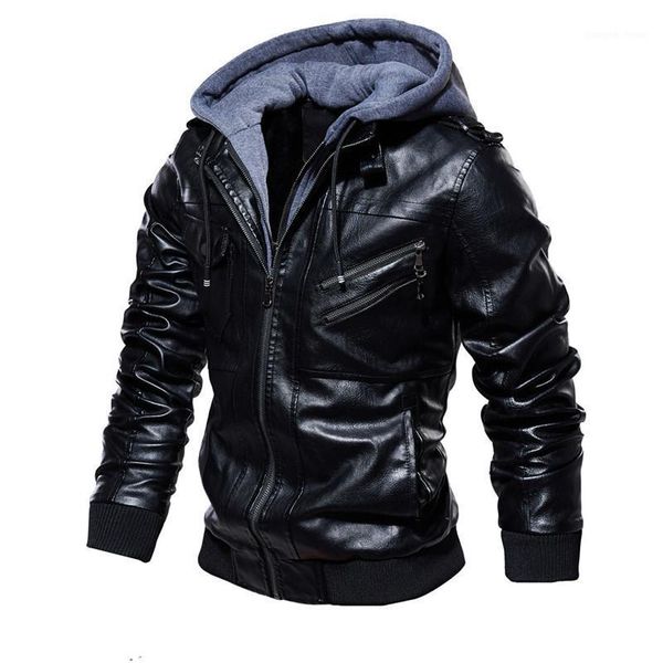 

men's fur & faux winter casual motorcycle pu jacket biker hooded leather coats european windbreaker genuine jacke, Black