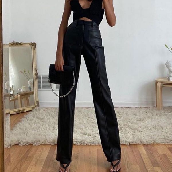 

women's pants & capris 2021 fashion women slim black wide-leg adults high waist elastic pu leather trousers with pockets female streetw, Black;white