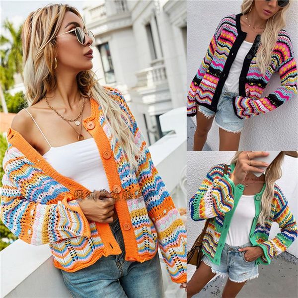 

women's knits & tees rainbow striped sweater cardigan women plus size autumn casual fashion, White
