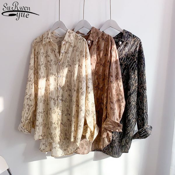 

vintage blouse women long sleeve shirts floral print plus size loose spring clothes casual blusas 13361 210427, White