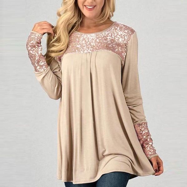 

lady sequins spliced fashion long sleeve o-neck loose casual plus size pure color womens pullover shirt blouse #t1g women's blouses &, White