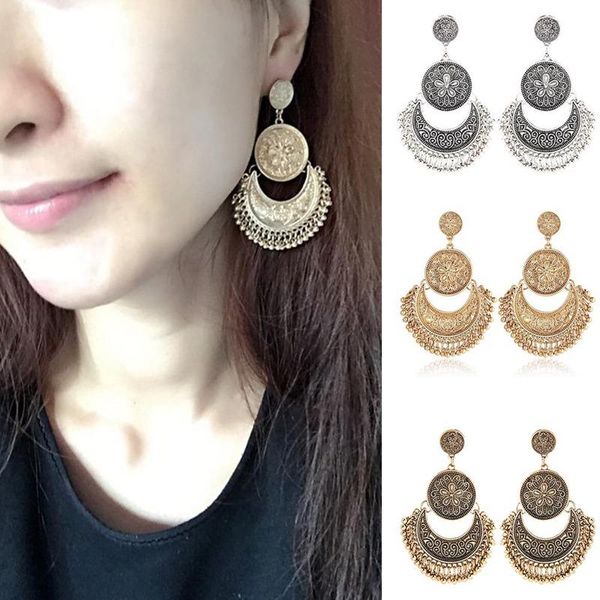 

pair bohemia tassel earrings retro carved women metal coin bells ethnic style girl ear studs dangle & chandelier, Silver