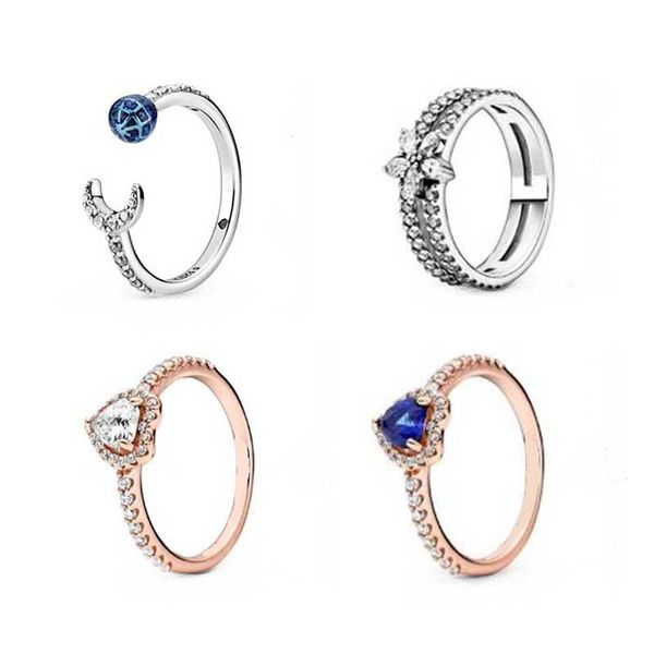 

cluster rings blue earth & moon open ring real 925 sterling silver snowflake for fashion women wedding bridal jewelry, Golden;silver