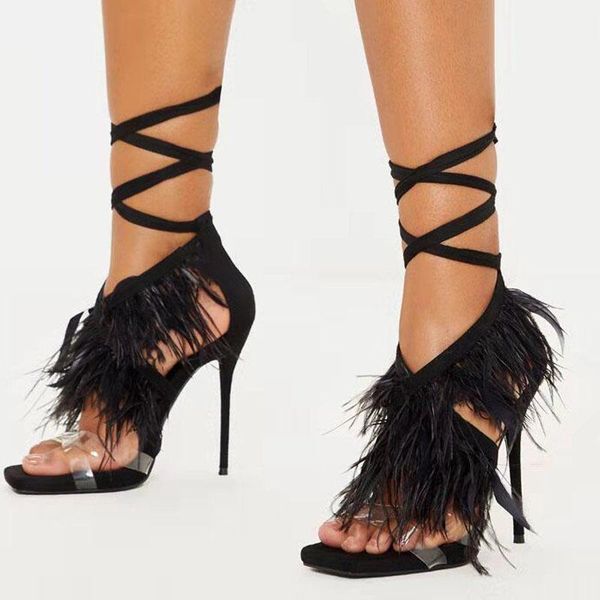 

women sandals 2021 style fashion cross straps feather stiletto women's, Black