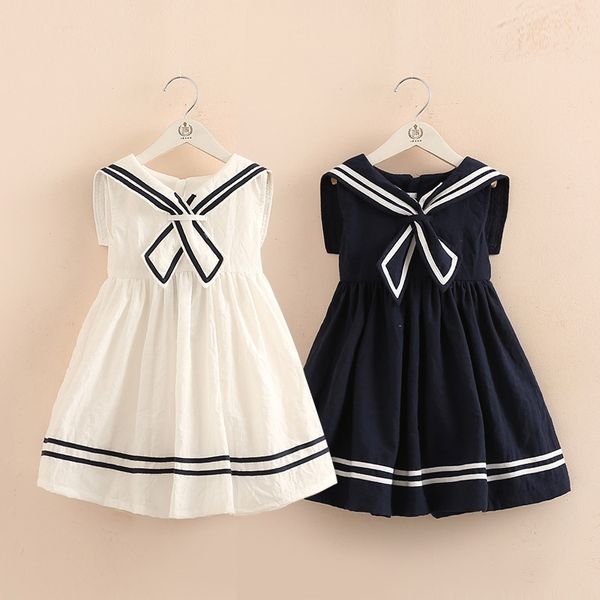 Yaz 3-10 11 12 Yıl Genç Çocuk Sailor Yaka Mavi Beyaz Askeri Bebek Çocuk Donanma Tarzı Kolsuz Elbise Kızlar Için 210529