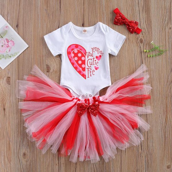 

clothing sets baby girls three-piece clothes set white short sleeve round collar romper + red skirt headdress