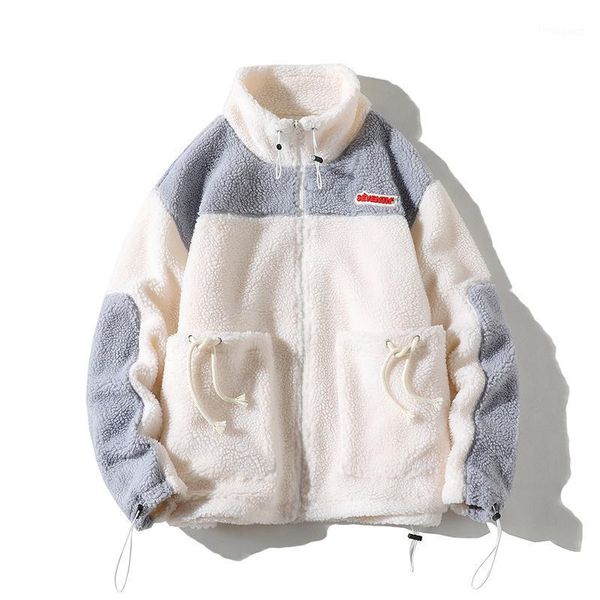 

men's jackets 2021 autumn winter hoodie coat lamb wool men loose casual standing collar boys contrast color polar fleece, Black;brown