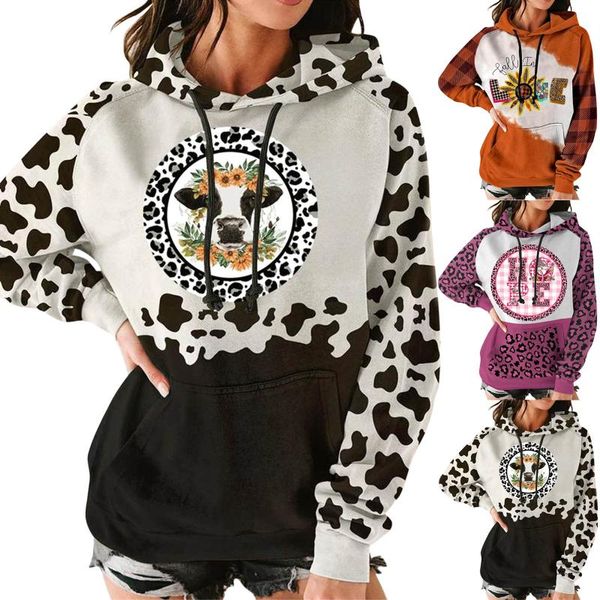 

women's hoodies & sweatshirts autumn winter hooded jacket printed long sleeve pocket hoodie sweatshirt fashion leopard print, Black