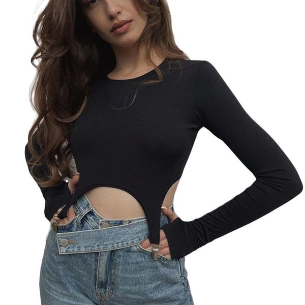 

women's t-shirt women 's casual long sleeve with metal clips fashion solid color round neck exposed navel, White