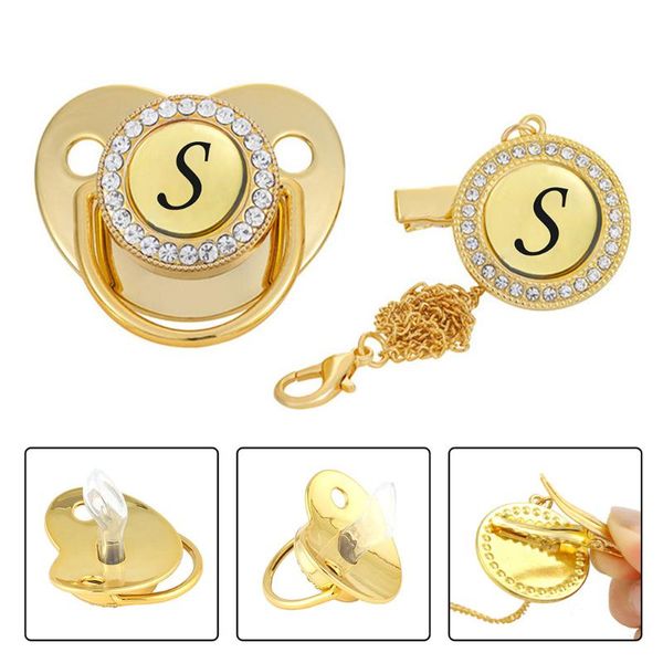

2pcs/set home boy girl nipple baby pacifier gold bling with clips initial letter soft silicone nipples exquisite gift pacifiers#