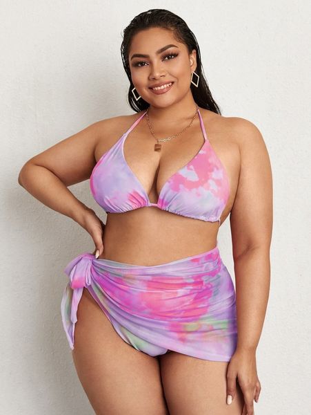 

3pack plus tie dye triangle bikini swimsuit & beach skirt u282#, Black