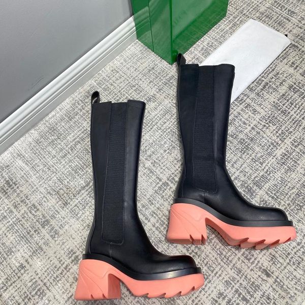 

boots knee high long block heel colorful platform knight shoes women's fashion slim feet leather selling brand, Black