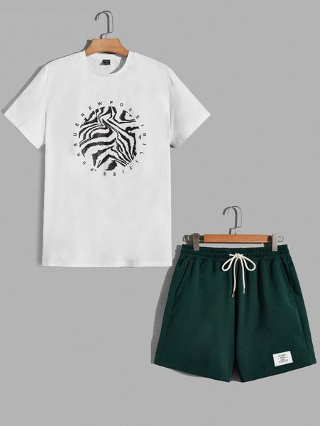 

men letter & zebra striped tee and track shorts set c957#, Gray