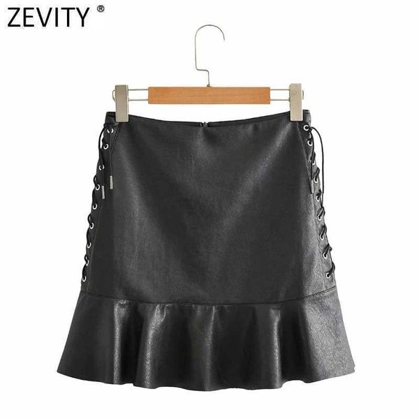 

zevity women vintage side lace up pu leather a line skirt faldas mujer female back zipper chic hem ruffles vestidos qun709 210603, Black