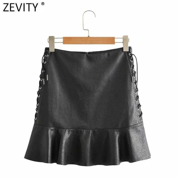 ZEVITY Kadınlar Vintage Yan Dantel Up Pu Deri Bir Çizgi Etek Faldas Mujer Kadın Geri Fermuar Chic Hem Ruffles Vestidos Qun709 210603