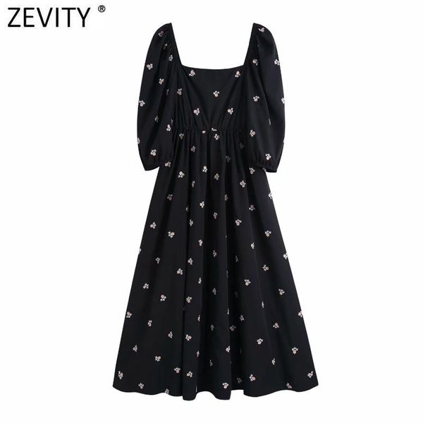 

zevity 2021 women vintage square collar floral embroidery casual slim midi dress female puff sleeve vestido chic dresses ds5071, Black;gray
