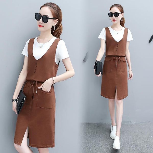 

women's retro style suspender dress summer ladies short sleeves girl casual 2 piece outfits for women two, White