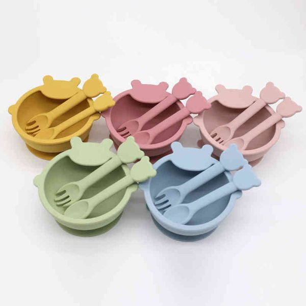 

children's tableware kids solid feeding non-slip sucker bowl waterproof food grade silicone dinnerware bpa fork spoon g1210