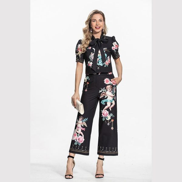 

women's two piece pants 2021 autumn angel print lace-up with cuffs and wide-leg set elegant professional suits, White