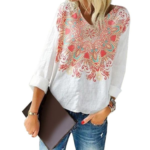 

women chiffon shirts stylish full long sleeve v neck floral print cotton linen women's blouse blouses &, White