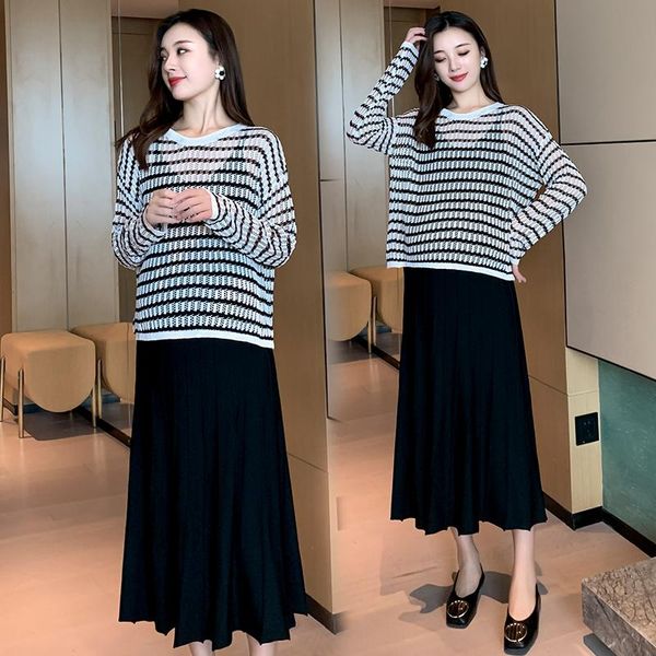 

maternity dresses 8037# chic ins korean fashion knitted long dress autumn sleeve loose clothes for pregnant women casual pregnancy, White
