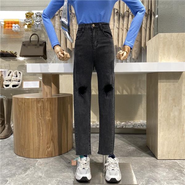 

brand original design fashion trend knee hole skinny jeans 2021 high waist elastic feet pants women's, Blue