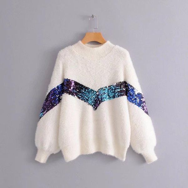 

women's sweaters women mohair sequined sweater hooded pullover autumn winter semi-high collar loose bottoming velvet shirt crop 2021, White;black