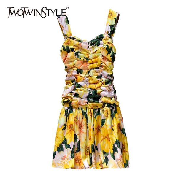 

print ruched summer dress for women square collar sleeveless high waist a line dresses female fashion clothes 210520, Black;gray