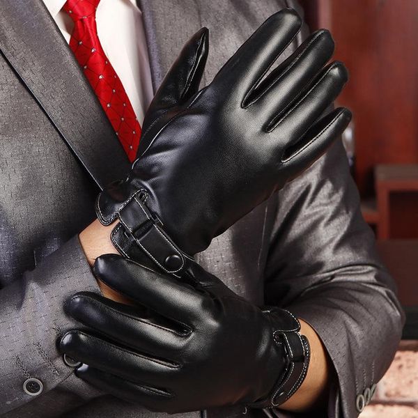 

fingerless gloves men' touch screen male buckle leather outdoor winter driving luva fashion warm plus velvet b-9214, Blue;gray