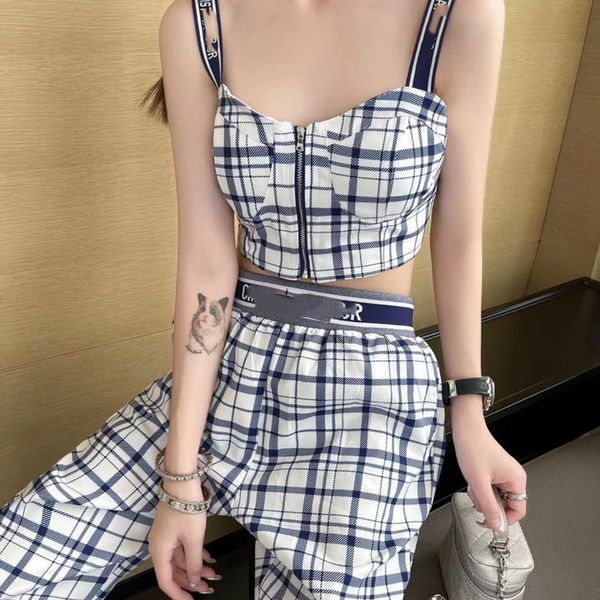 

70% off 2021 summer new checked letter printing suspender vest high waist elastic wide leg pants tide two-piece set jy4n, Gray