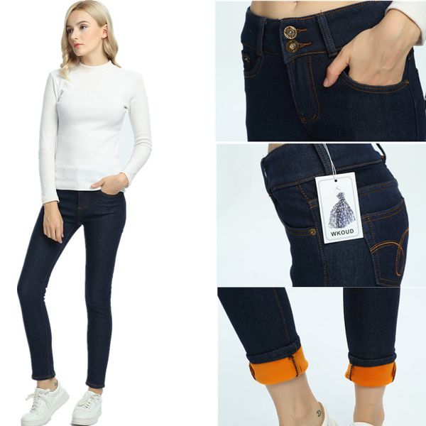 

oversized 2021 winter women fleeces inside thickening denim high waist warm trousers female snow jeans pants p8018, Blue