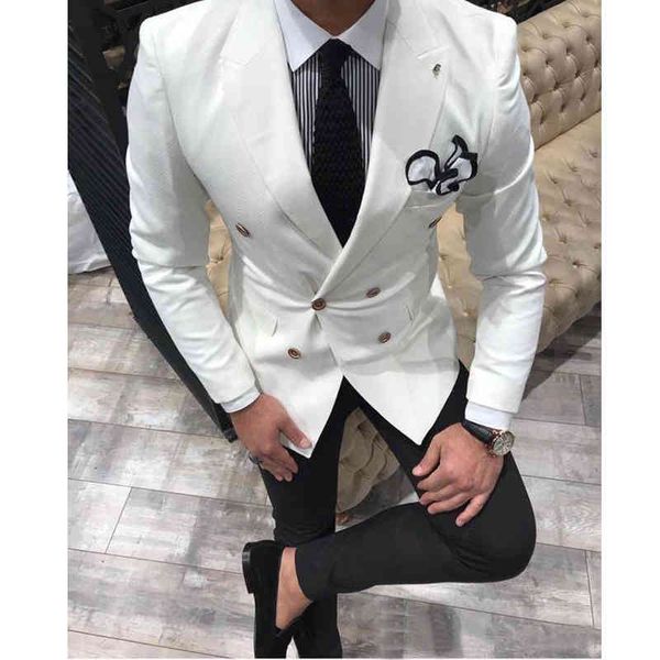 

men's suits & blazers white double breasted men wedding slim fit 2 pieces peaked lapel custom groom tuxedo male fashion jacket with bla, White;black
