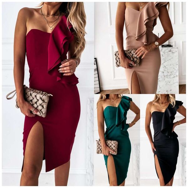 

short evening dress fashion shoulder lotus leaf split skirt, Black;gray