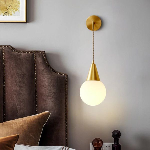 

wall lamp nordic home decor indoor bedroom bedside living room corridor golden water drop milk white glass ball copper led