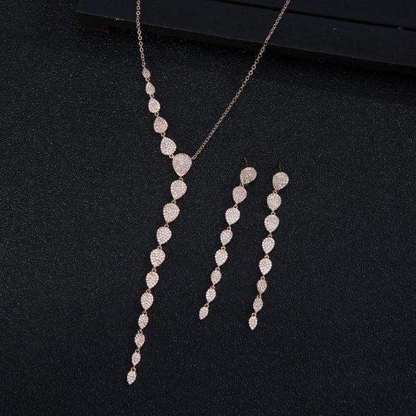 

earrings & necklace luxury long leaf pendant cubic zirconia wedding jewellery sets for women water drop african dubai brides2pcs jewelry d14, Silver