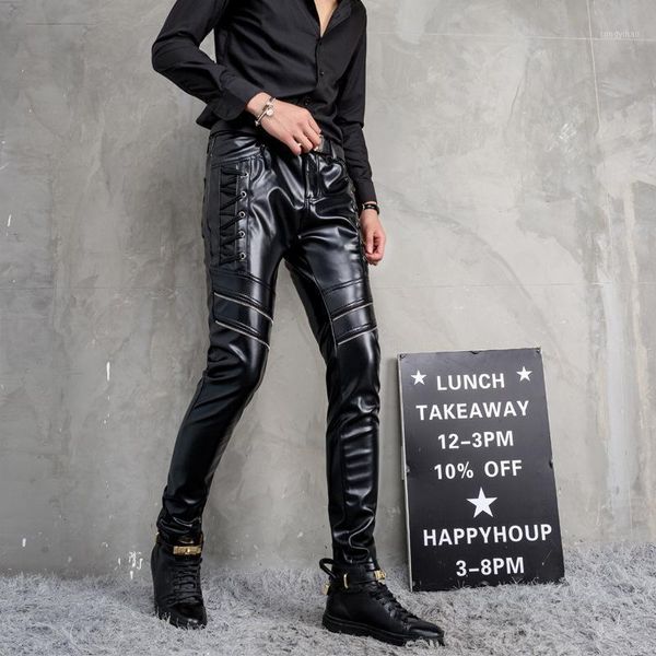 

men's slim-fit small feet leather pants teen zipper decoration trend motorcycle pu, Black