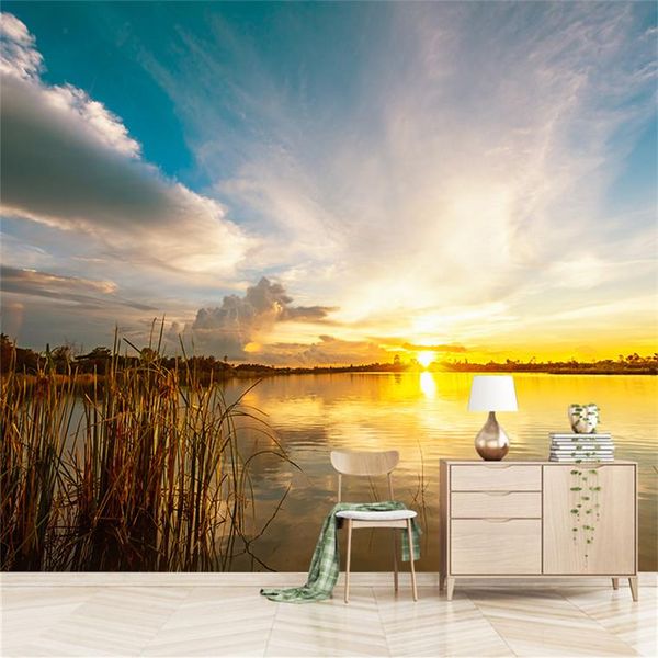 

wallpapers custom any size 3d wall mural modern fashion beautiful sunset and lake water wallpaper sticker