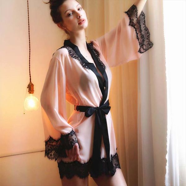 

wedding pink retro lingerie women sleepwear mesh long sleeve sheer night kimono robe underwear womens robes bathrobe, Black;red