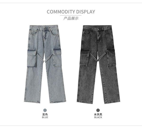 

men's jeans focus on street fashion buckle decorative multi-pocket trousers men women made old, Blue