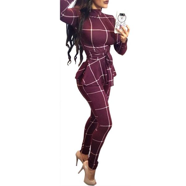 

women's jumpsuits & rompers fashion womens plaid with belt skinny winter keep warm long sleeve checks print bodycon casual jumpsuit, Black;white