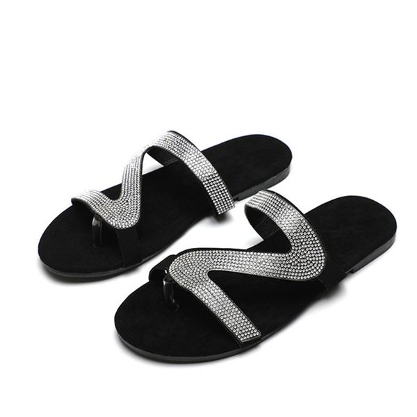 

official website 70% off outlet summer new european and women's shoes roman diamond inlaid word belt comfortable flat-bottomed large si, Black