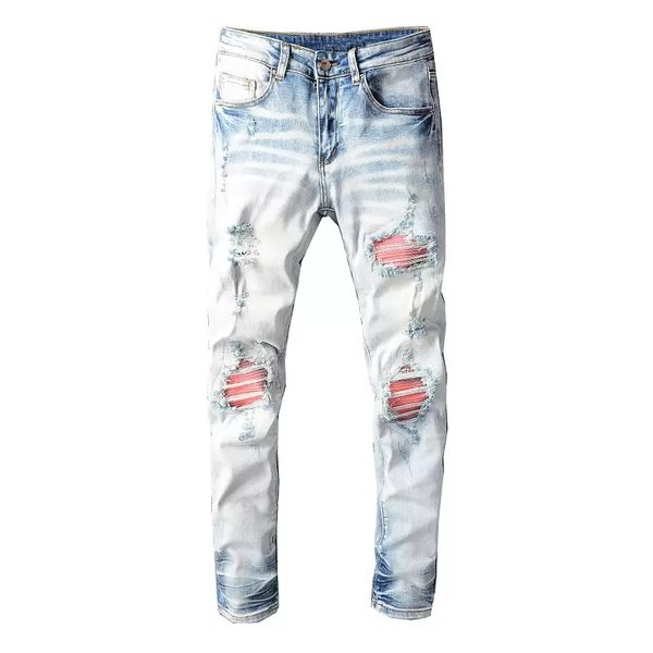 Jeans da uomo Patckwork Slim Fit Skinny Light Blue Motorcycle Biker Denim Pants Cotton Jean Destroyed Men's Hole Abbigliamento Pantalone Hip Hop Pantaloni casual