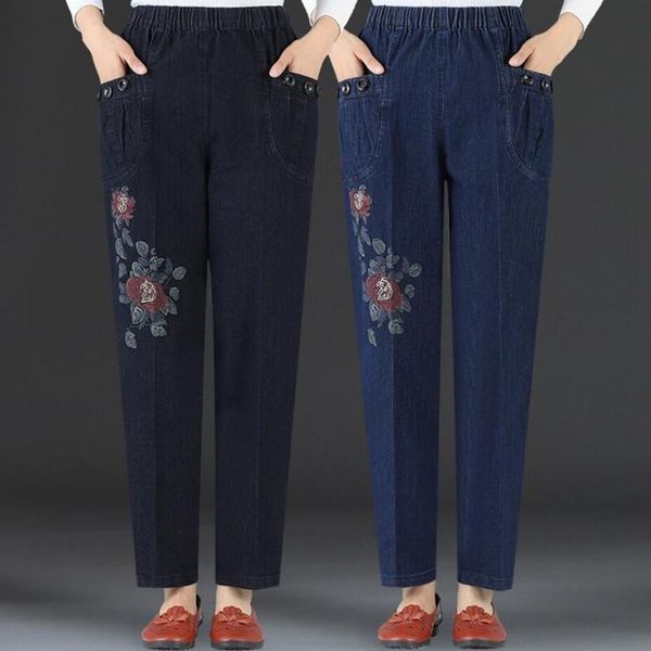

plus size 4xl middle age women straight jeans spring autumn elastic waist embroidery flowers casual loose mom denim pants s959 women's, Blue