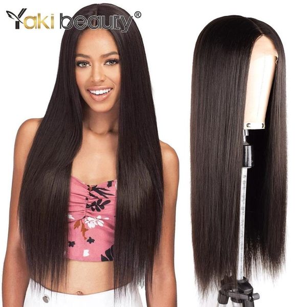 

synthetic wigs yaki beauty lace front wig long straight black color 28inch heat resistant fiber middle part for women