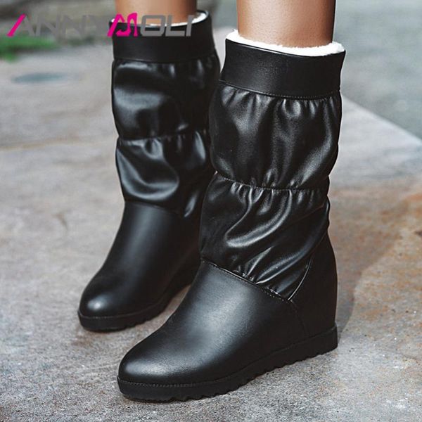 

boots annymoli med heel mid calf woman height increasing shoes pleated short female footwear fur warm winter beige 43, Black