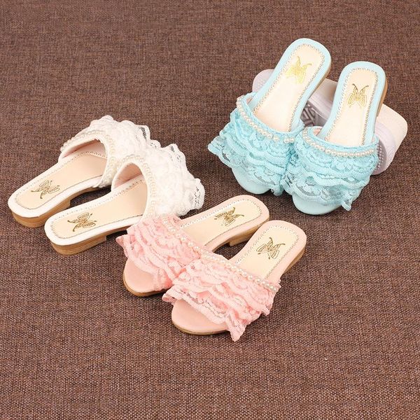 

slipper spring summer pearl slippers for kids casual lace decoration anti-slippery flip flops princess beach shoes size 26-36 sandals, Black;grey